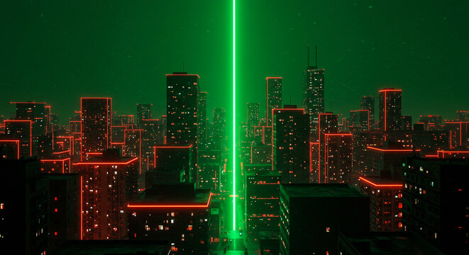 A futuristic cityscape with glowing red building outlines and a bright green laser beam in the center