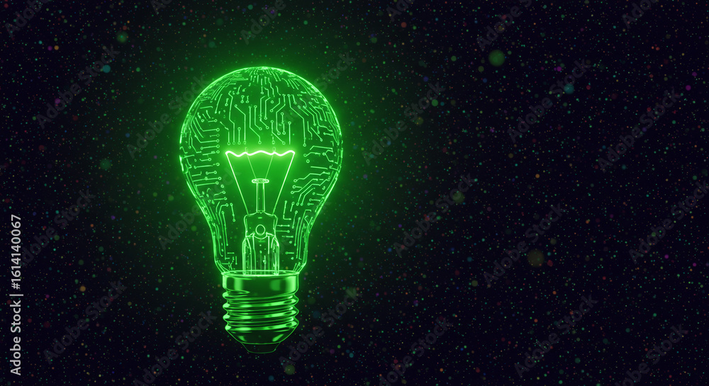 Poster a glowing green lightbulb with circuit board design on a dark background with scattered particles