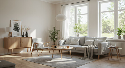 Fototapeta premium Bright living room interior with a gray sofa, wooden furniture, and large windows overlooking a green landscape.
