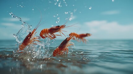 Dynamic shrimp leaping from the ocean / 海から飛び跳ねる躍動感あるエビたち