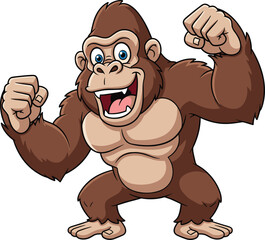 Cad Drawing Flat Vector Illustration of Angry Cartoon Gorilla Mascot, Strong Brown Animal Character, Fist Pose, Jungle Wildlife Icon