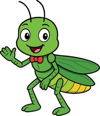 Cheerful Cartoon Grasshopper Character – Green Insect with Yellow Stripes, Red Bow Tie and Waving Pose for Kids, Nature, or Educational Themes