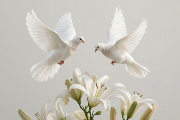 Fototapeta premium White doves flying, lilies, grey background, peace, sympathy card