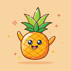Cheerful cartoon pineapple floats with open arms, radiating joy on a peach background