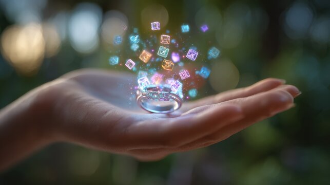 Close medium shot capturing a futuristic promise ring emitting colorful AR milestone icons floating above the raised palm with a bokeh effect blurring the surroundings for a