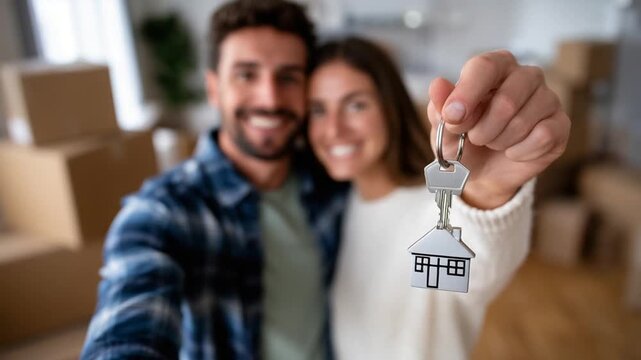 A joyful couple stands by open moving boxes, celebrating their new home with a house-shaped keyring in hand.