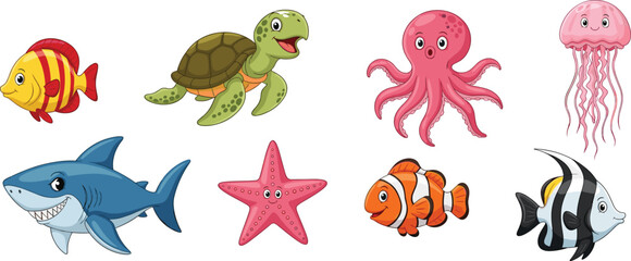 Cartoon sea animals set, smiling marine creatures, turtle, shark, fish, octopus, starfish, jellyfish, vector illustration, cute cad drawing