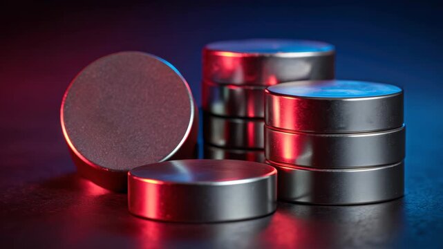 Neodymium magnets in red and blue lighting, collection of industrial metallic objects for science and magnetic technology themes.