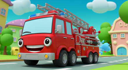 Cartoon fire truck with a smiling face and ladder driving through a colorful animated town scene view