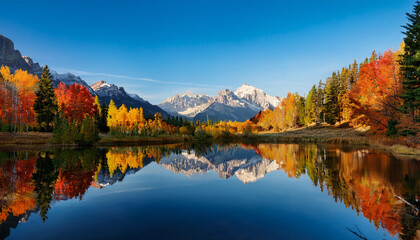 Obraz premium serene mountain landscape with reflection and autumn foliage on calm water