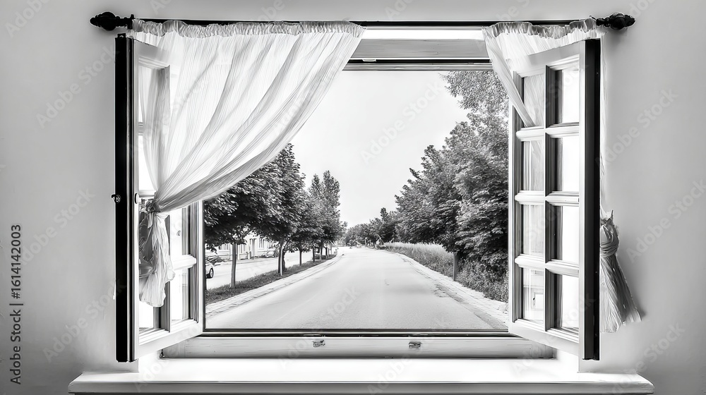 Aufkleber open window with white curtains framing a serene view of a tree-lined road, inviting natural light a