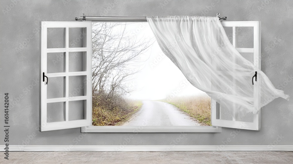 Aufkleber open window with white curtains revealing a foggy road surrounded by trees, creating a serene atmosp