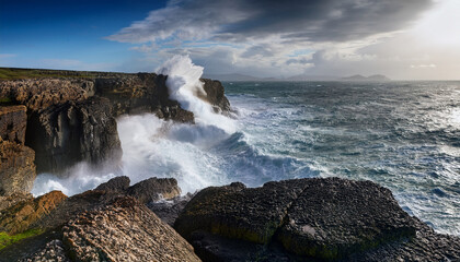powerful ocean waves crashing against rocky cliffs creating a dramatic seascape