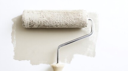 Fototapeta premium Paint roller with textured surface rests on a freshly painted wall, showcasing a light gray color, emphasizing home improvement and DIY renovation projects in a clean environment