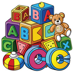 Colorful abc blocks stacked with toys for children s education and play