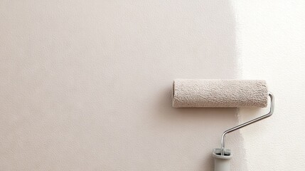 Obraz premium Paint roller resting against a freshly painted wall, showcasing a soft beige color, with a smooth texture, creating a serene atmosphere in a home improvement setting