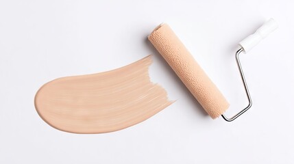 Obraz premium Paint roller with textured surface rests beside a smooth stroke of beige paint on a clean white background, showcasing tools for home improvement and artistic projects