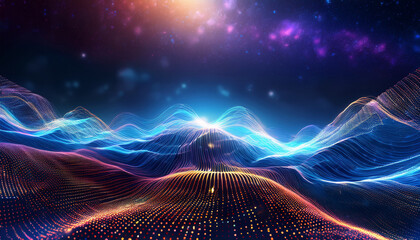 breathtaking abstract visualization of glowing digital particles forming dynamic flowing waves of energy against a backdrop of a mystical ethereal cosmic universe this captivating