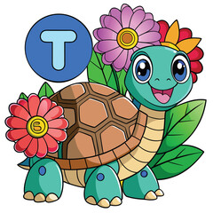 Cute turtle with the letter t on its shell surrounded by flowers