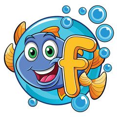 Smiling fish swims through coral shaped like the letter f