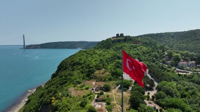 Turkish Flag Flying Over Anadolu Fortress and Yavuz Sultan Selim Bridge, Aerial View