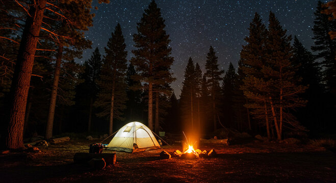A tent and campfire under a starry night sky scene