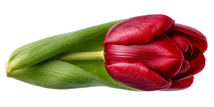 Closeup of a vibrant red tulip blossom with green leaves, showcasing its delicate petals and natural beauty on black background
