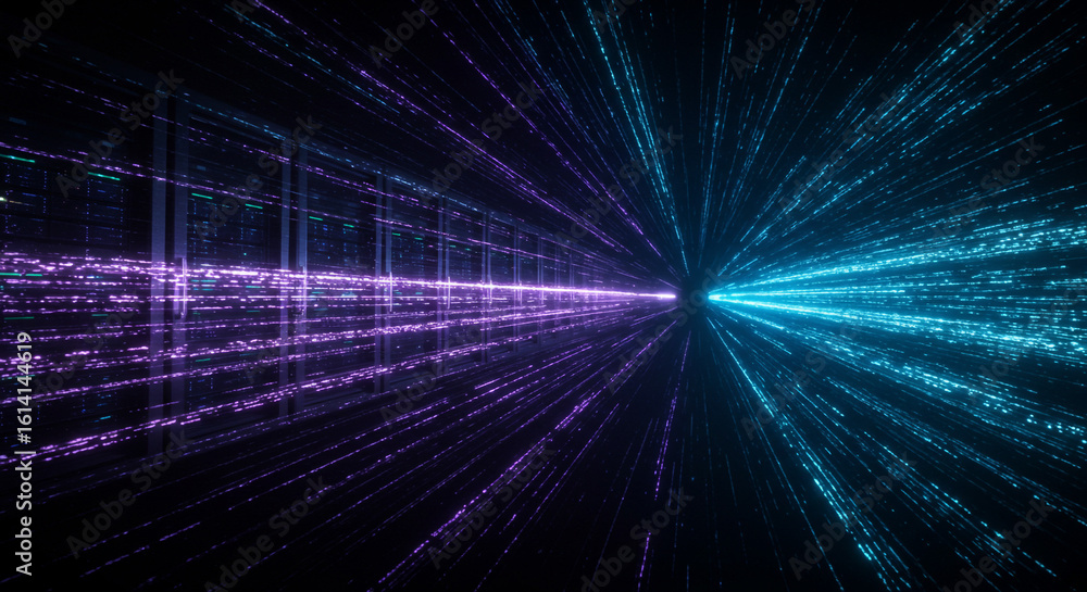 Poster abstract tunnel with converging light streams in blue and purple on a dark background