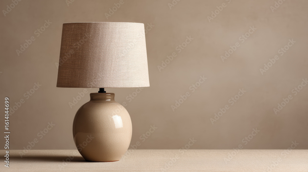 Poster a beige ceramic table lamp with a textured fabric shade on a matching surface against a plain beige 