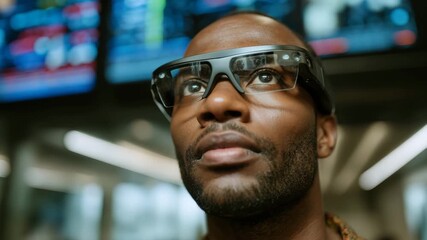 Focused individual analyzing data with smart glasses in a modern tech environment - Powered by Adobe