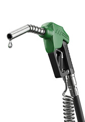 A green fuel nozzle with a drop of liquid dripping