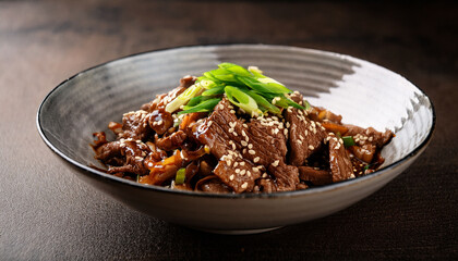 Fototapeta premium bulgogi delicious beef bowl topped with green onions and sesame seeds ai generated