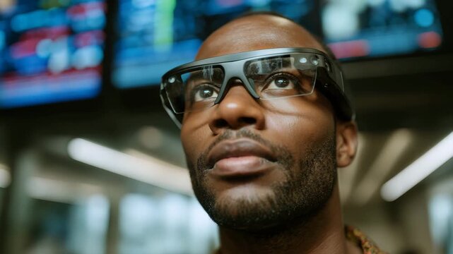 Focused individual analyzing data with smart glasses in a modern tech environment