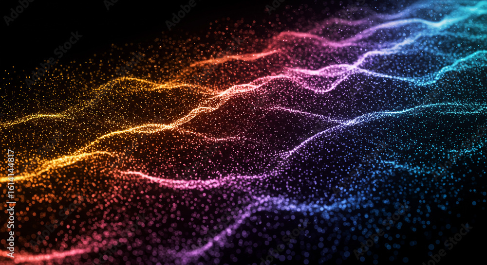 Poster a vibrant multicolored particle wave flowing across a dark background with a sense of depth and move