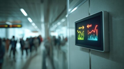 Clear medium shot capturing an intelligent exit signage panel shifting arrow indicators as LiDAR data maps crowd density with a blurred view of a busy hallway behind.