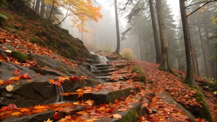 Layered cascade of autumn leaves sliding down a rocky slope after fresh rainfall

