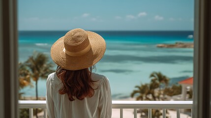 Woman enjoying ocean view from tropical resort balcony / 南国リゾートのバルコニーから海を眺める女性