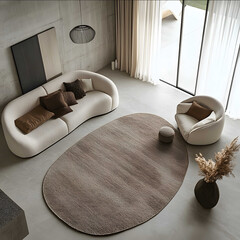 a raw photography session for an oval rug taken from above in an editorial shoot the rug measures 2 meters x 35 meters and it is surrounded by modern furniture