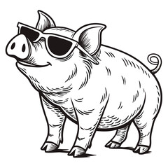 Cool Pig Wearing Sunglasses: Black and White Illustration