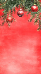 Watercolor Christmas background with red ornaments and pine branches. Perfect for holiday greeting cards, festive invitations, and seasonal marketing.