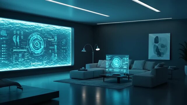 Futuristic living room with interactive display wall