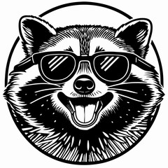 Cool Raccoon in Sunglasses, Black and White Illustration