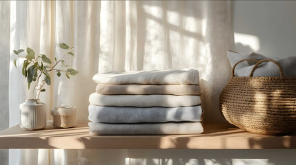 A minimalist home corner with a wooden shelf holding neatly folded cotton and linen clothes in soft neutral tones beige light blue white The background includes natu