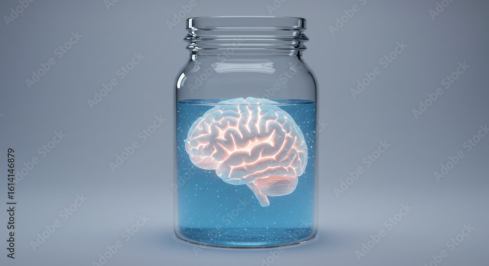 Poster a brain inside a glass jar filled with liquid on a light grey background in a studio setting