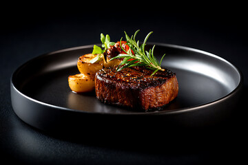 gourmet food photography, high-end steak dish presentation with dramatic lighting and black background, reminiscent of michelin-star dining