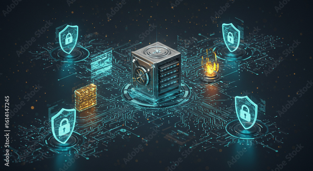 Poster isometric view of a metal safe surrounded by security shields and a firewall on a circuit board grid
