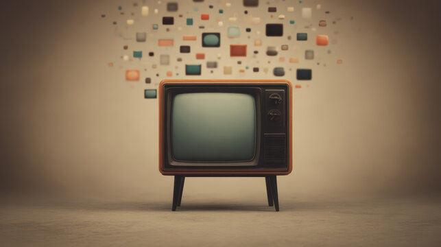 A vintage television set on legs displays a blank screen with floating retro TVs of various shapes and colors behind it against a neutral background.