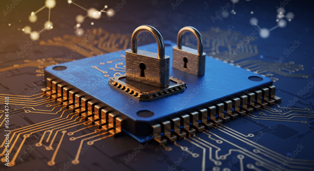 Poster a close up of two padlocks on top of a blue computer chip with gold connectors and circuit patterns