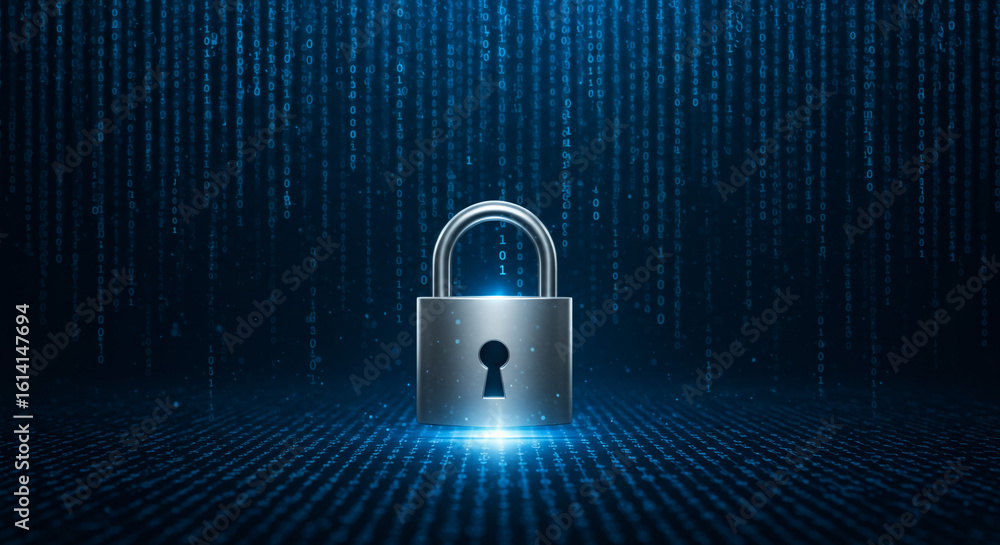 Poster a silver padlock with a keyhole on a dark blue background with binary code and a grid pattern floor