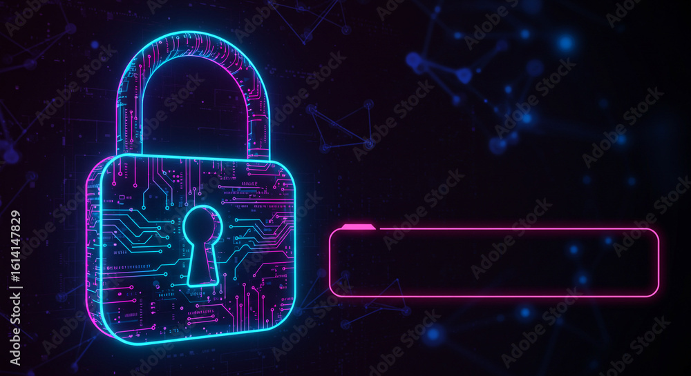 Aufkleber glowing padlock with circuit board design and a pink rectangle on a dark background with blue dots
